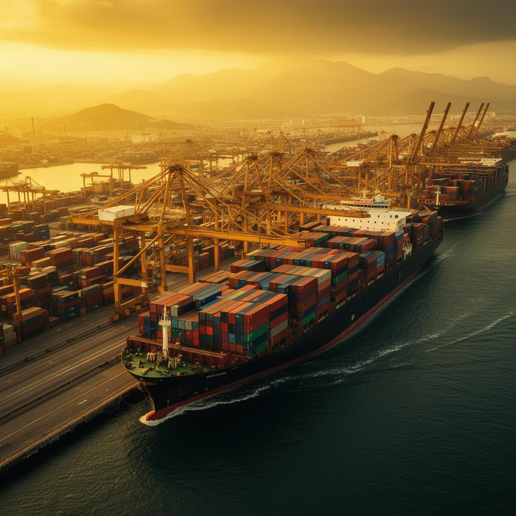 Container terminal at golden hour